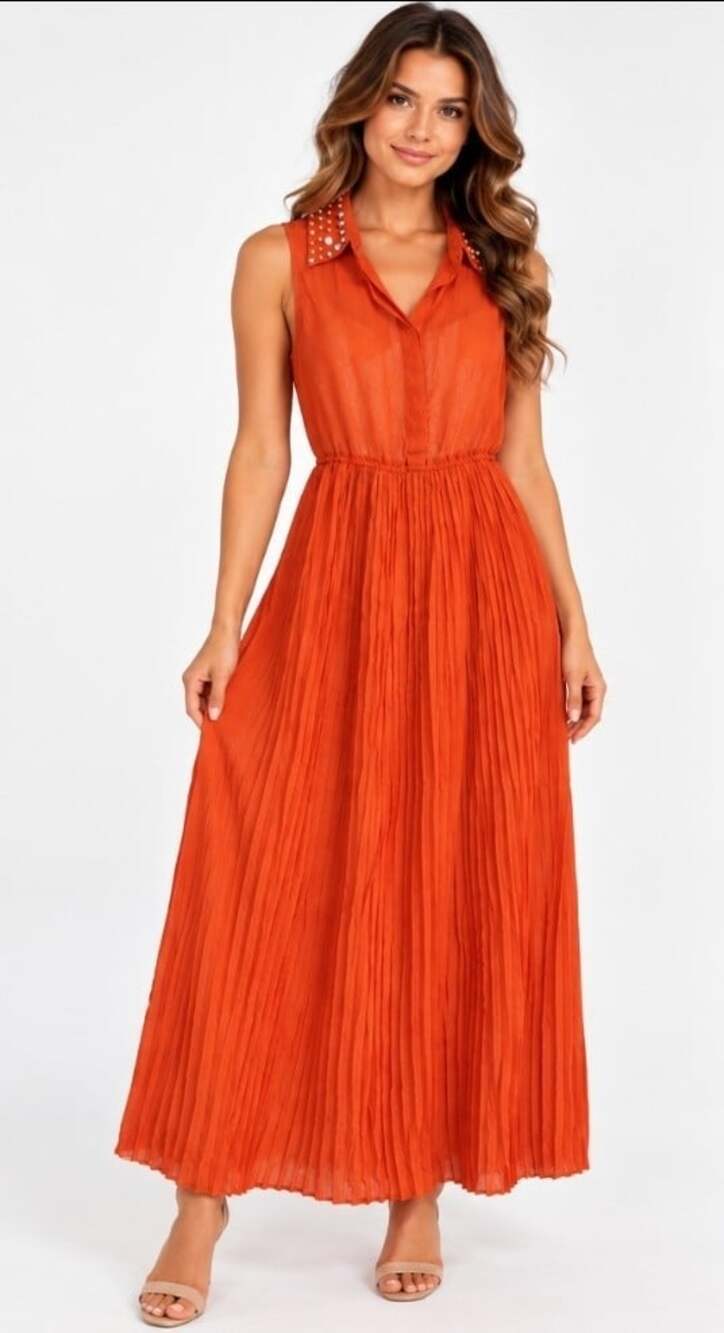Angie Burnt Orange Maxi Dress Pleated Skirt Studded Collar Boho Small NWT T100
